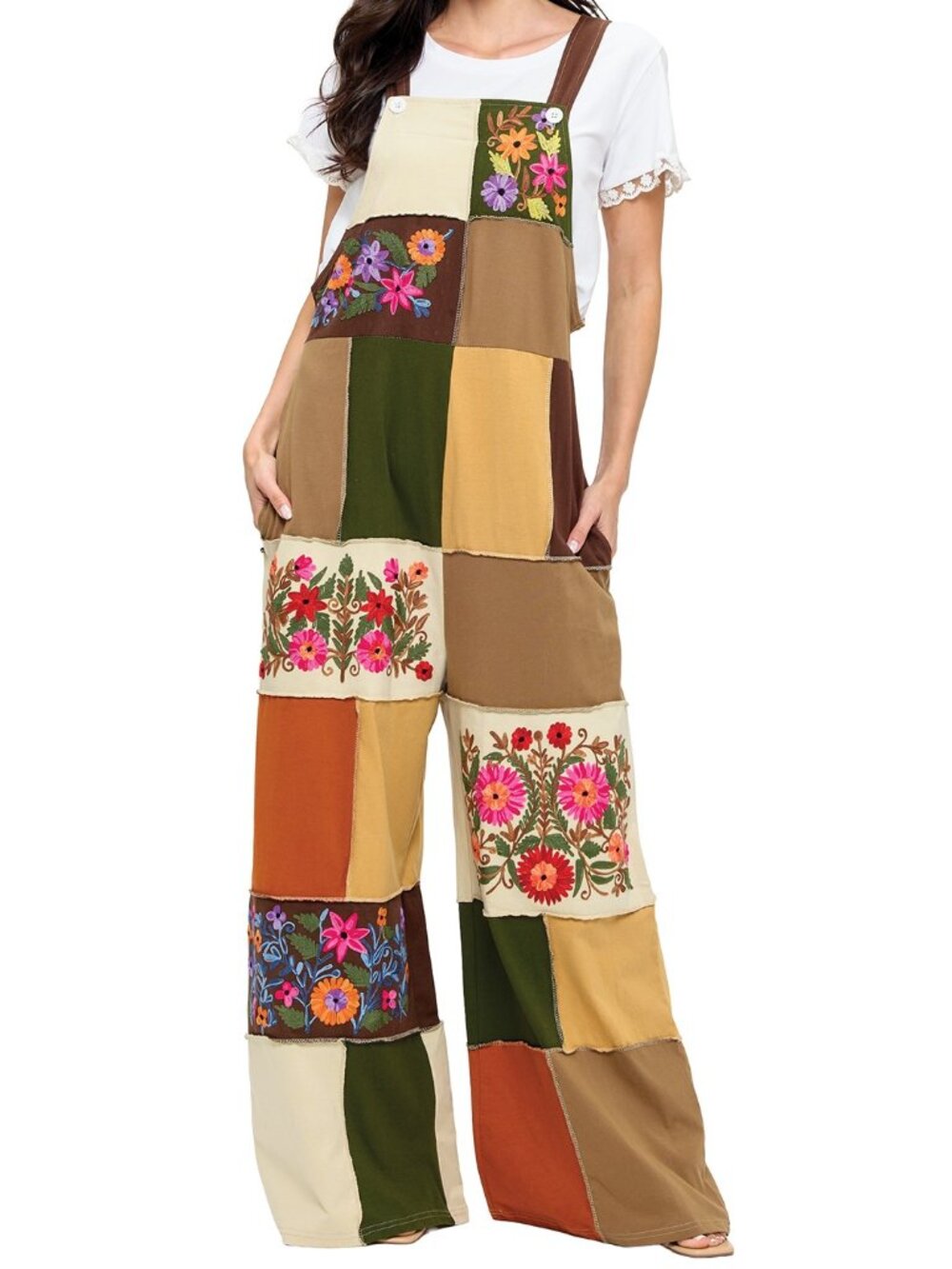 2-0321 *Boutique* Embroidered Cotton floral patchwork overall Jumpsuit